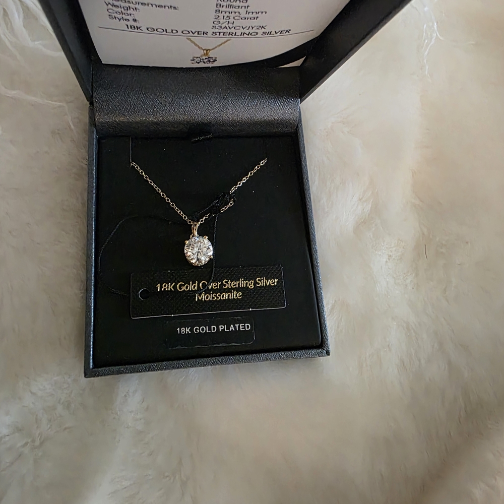 18k Gold Plated Moissanite Pendant Necklace Over 925 Sterling Silver.